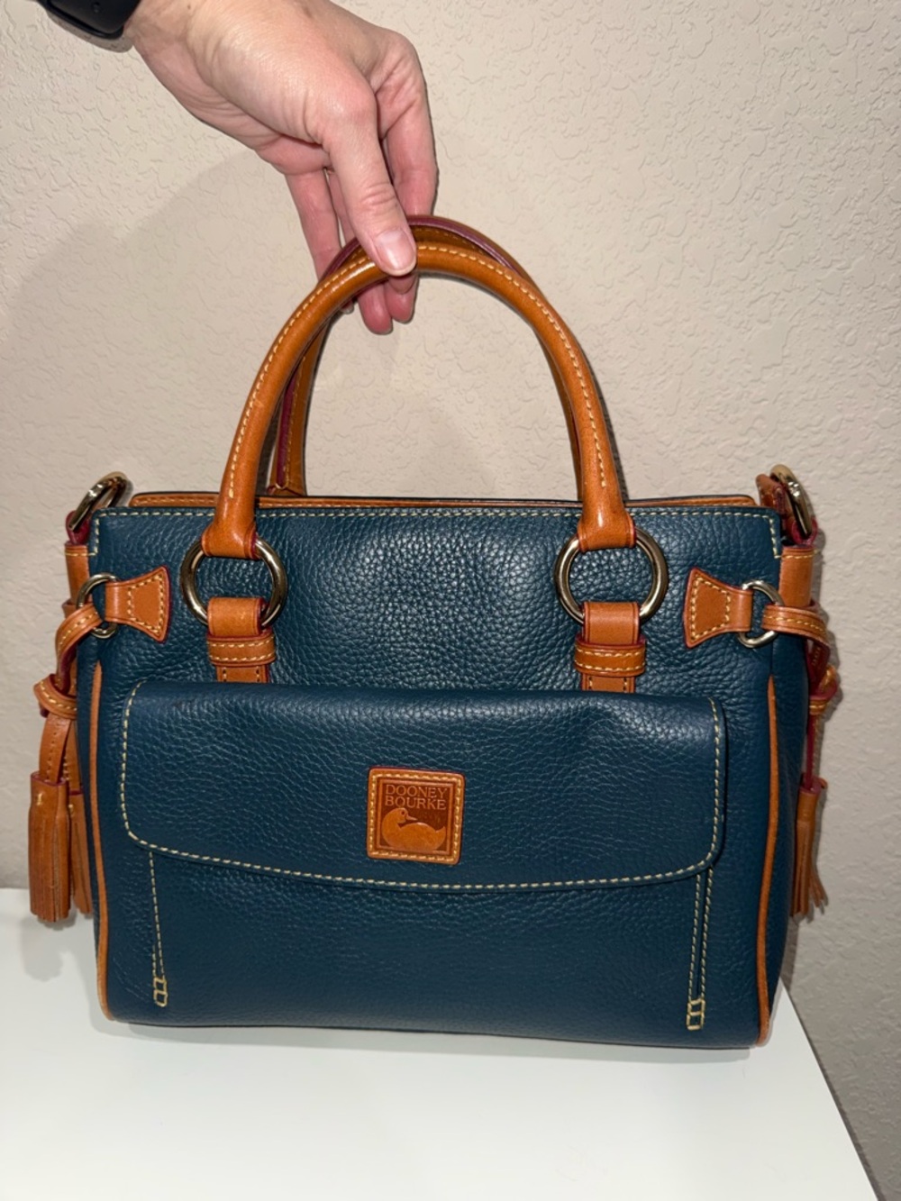 Dooney & Bourke Teal Pebbled Leather Satchel with Tan Trim and Handles
